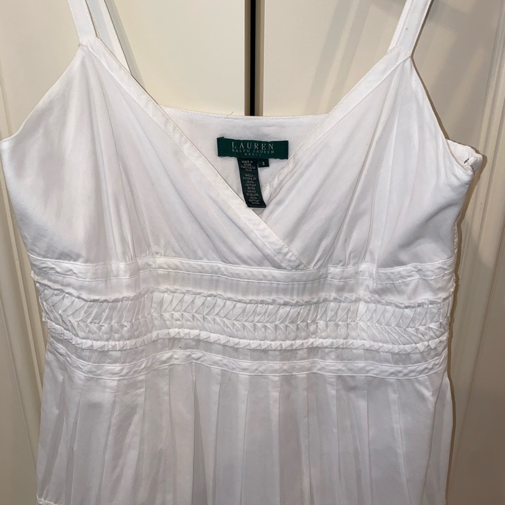 Lauren by Ralph Lauren V-Neck White Cotton Pleated Ruffle Accents Maxi Dress - Picture 5 of 12